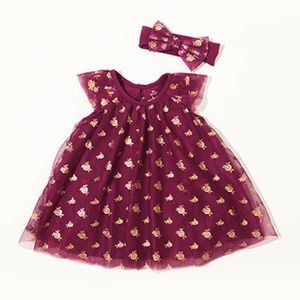 Baby Starters Burgundy & Rose Gold Foil Star Angel-Sleeve Dress & Headband